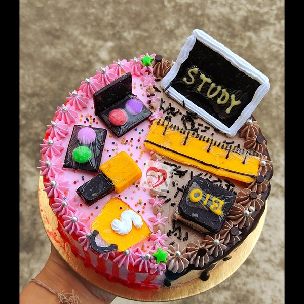 FOODICOS DELIGHT Make Up & Study Theme Cake (Non Fondant, Chocolate Base) - 