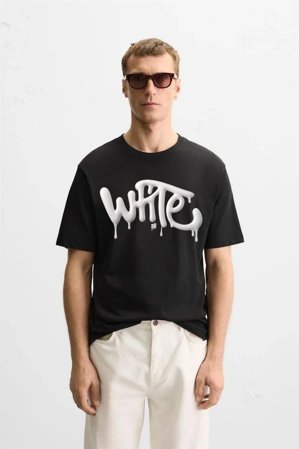 Urbanknit  Men's Drip Graffiti "White" Printed Cotton T-Shirt
 - Black, L