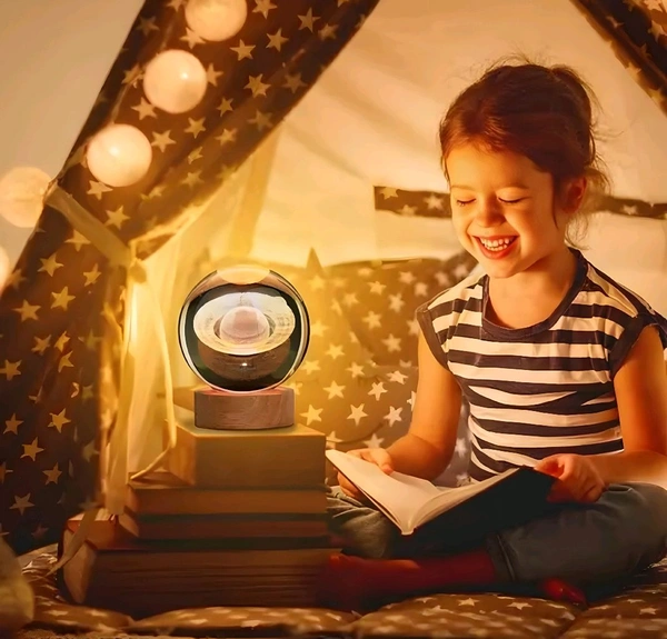 3D Crystal Galaxy Lamp – LED Saturn & Milky Way Night Light for Kids, Bedroom, and Home Décor | USB Powered Space Orb with Wooden Base - Wooden, Freesize