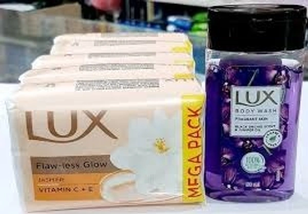 Hindustan  Unilever Lux Bathing Bar 5 pcs with free badywash - 500g (100g per pcs), Jasmine