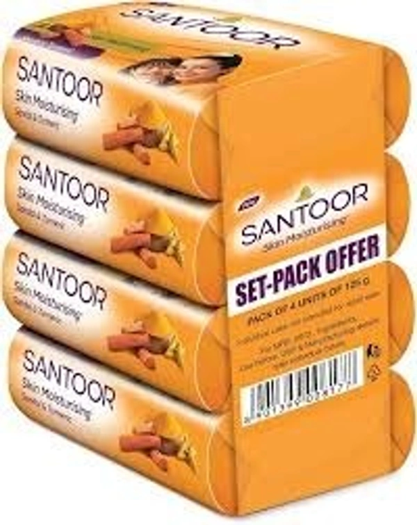 Santoor Bathing Bar (pack of 100g×4) - 400g (100g Per pcs), Sandal & Turmeric, Skin Moisturising