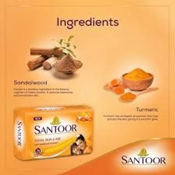 Santoor Bathing Bar (pack of 100g×4) - 400g (100g Per pcs), Sandal & Turmeric, Skin Moisturising