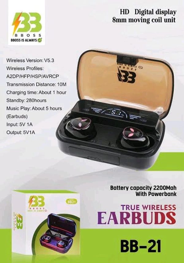BBoss  BB-21 True Wireless Bluetooth Earbuds With 2200 Mah Power Bank  - Free, Black