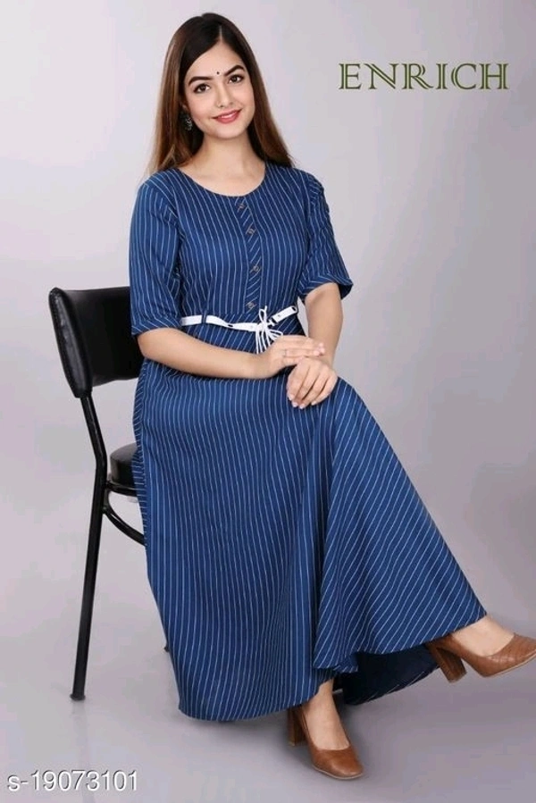 Women Rayon Anarkali Stripe Kurti* - Blu, L