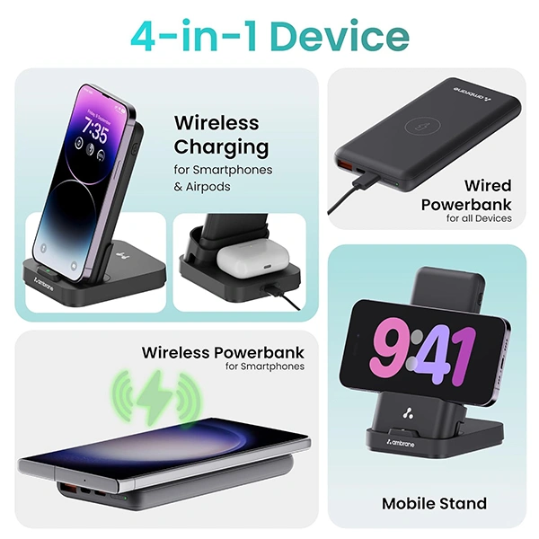 Ambrane Aerosync Quad Wireless 4 in 1 Power Bank with Mobile Stand - Black