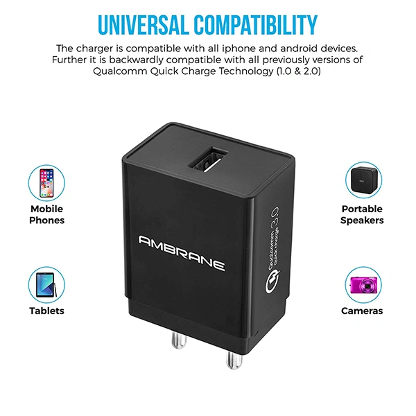 Ambrane AQC-56 Quick Charge 3.0 Wall Charger - Black - Black