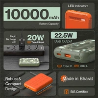 Ambrane Force 10K Rugged Slim Fast Charging Power Bank - Orange - Orange