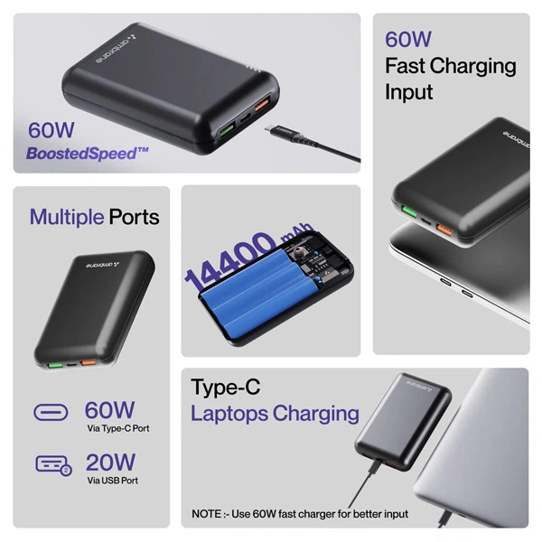 Ambrane Powerlit Boost 14400mAh 60W BoostedSpeed Power Bank - Black - Black