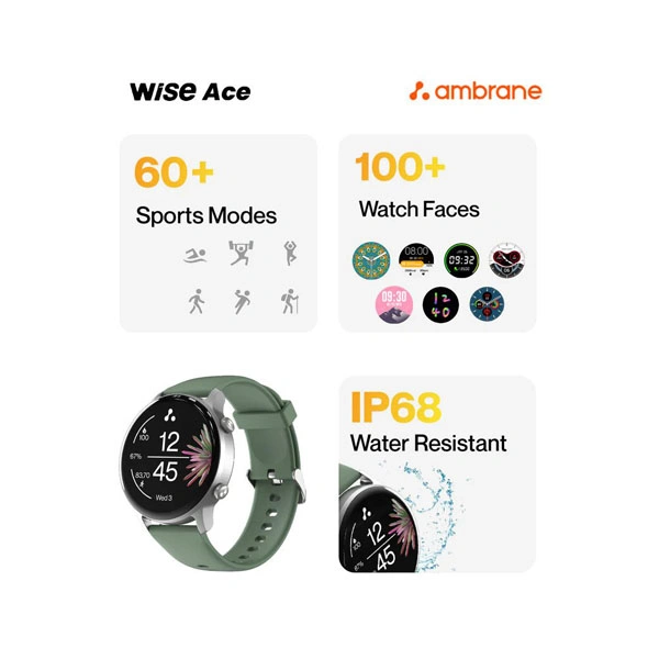 Ambrane Wise Ace 1.28" Bluetooth calling with LucidDisplay Smart Watch - Green