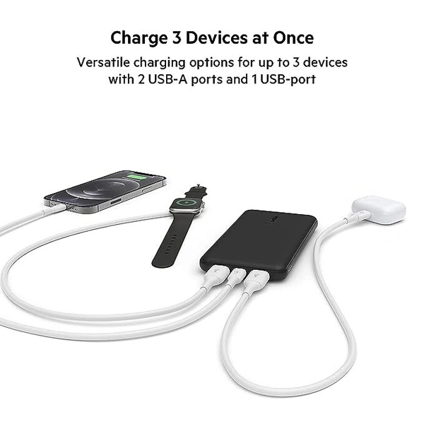 Belkin 10000 mAh Slim Power Bank with 1 USB-C and 2 USB-A Ports to Charge 3 Devices Simultaneously - Rose Gold - Rose Gold