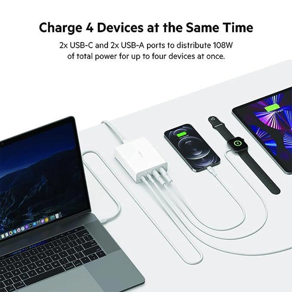 Belkin 108W GaN 4 Port (2 USB-A and 2 USB-C PD 3.0) Fast Charger with PPS Technology - White