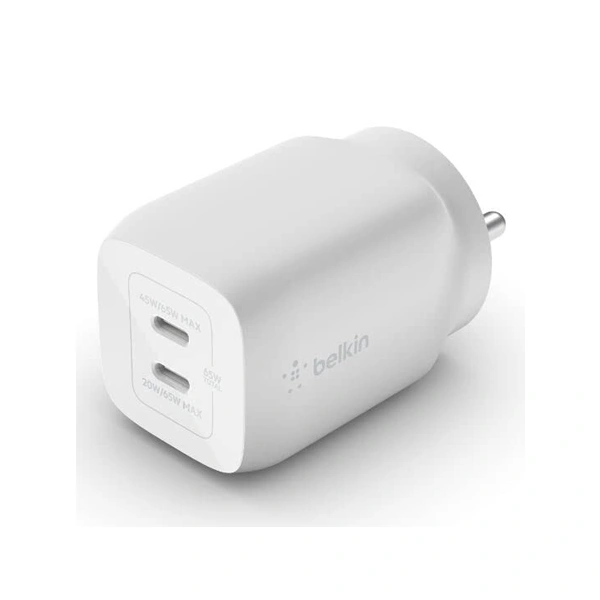 Belkin 65W GaN Dual USB C PD 3.0 Fast Charger with PPS Technology - White