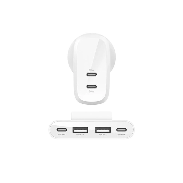 Belkin Fast Charging 60W (30w + 30W) Dual USB-C PPS Wall Charger with 2 Meter Power Extender - White