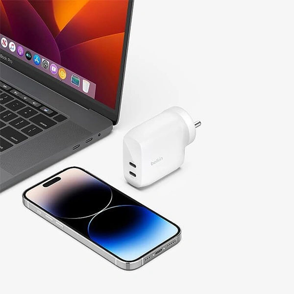 Belkin Fast Charging 60W (30w + 30W) Dual USB-C PPS Wall Charger with 2 Meter Power Extender - White