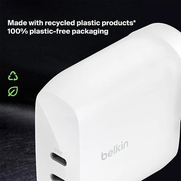 Belkin Fast Charging 60W (30w + 30W) Dual USB-C PPS Wall Charger with 2 Meter Power Extender - White