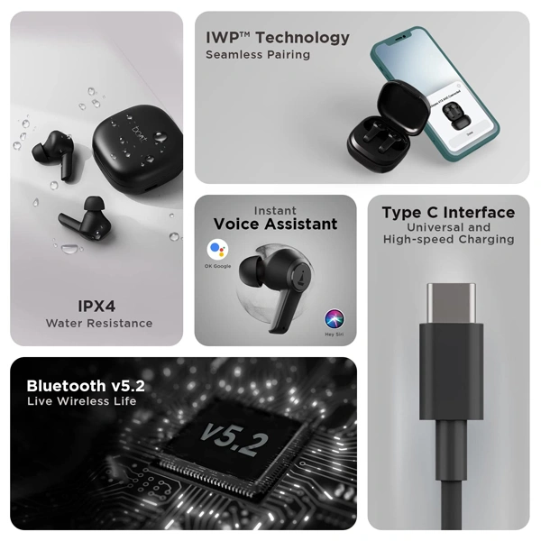 boAt Airdopes 413 ANC Wireless Earbuds with Noise Cancellation - Black - Black