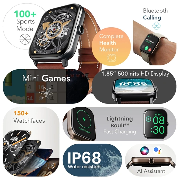 Boult Audio Drift+ 1.85" HD Screen Bluetooth Calling Smartwatch - Black Coffee, Denim Blue, Icy Blue, White Leather