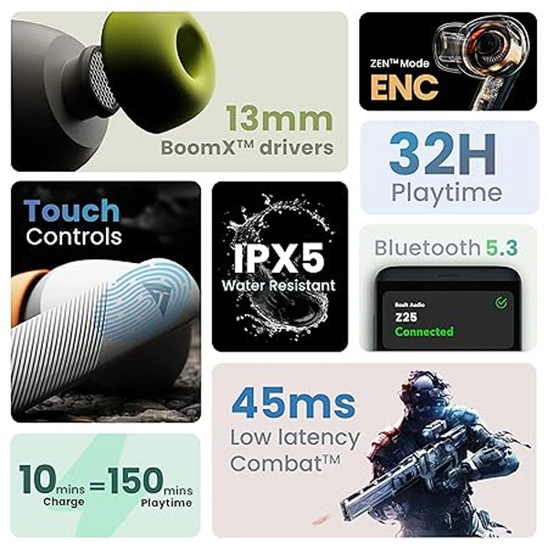 Boult Audio Z35 Earphones with ZEN ENC Mic, 32H Playtime - Pista Green - Pista Green