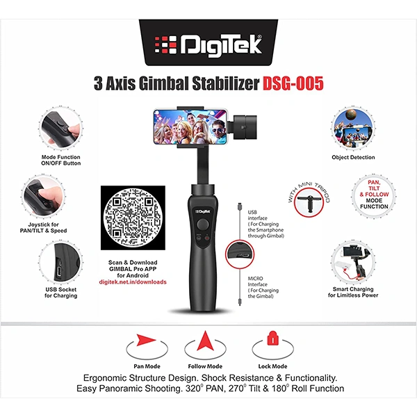 Digitek 3-Axis Handheld Gimbal Stabilizer for Smartphones & Gopro with Face