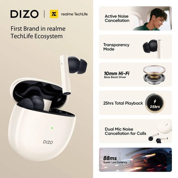 DIZO by realme TechLife GoPods with ANC - Creme White - Creme White