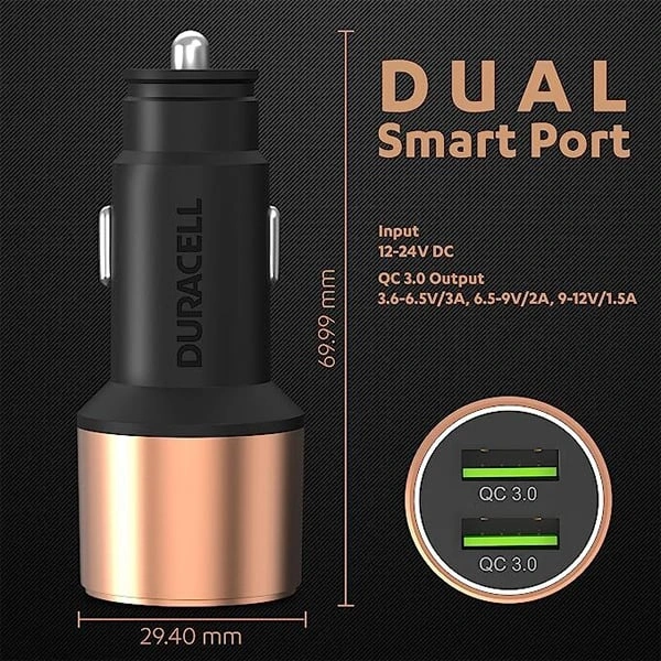 Duracell 36W Fast Car Charger Adapter with Dual USB Port - Black