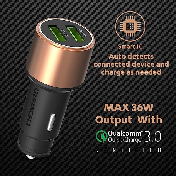 Duracell 36W Fast Car Charger Adapter with Dual USB Port - Black
