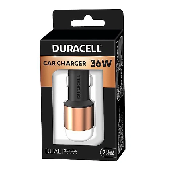 Duracell 36W Fast Car Charger Adapter with Dual USB Port - Black
