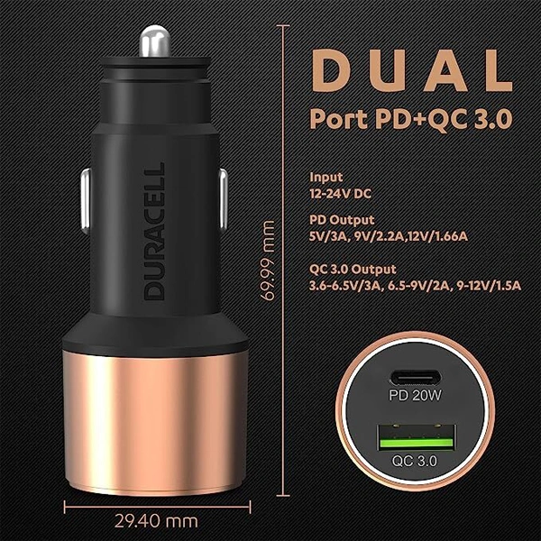 Duracell 38W Fast Car Charger Adapter with Dual Output - Black
