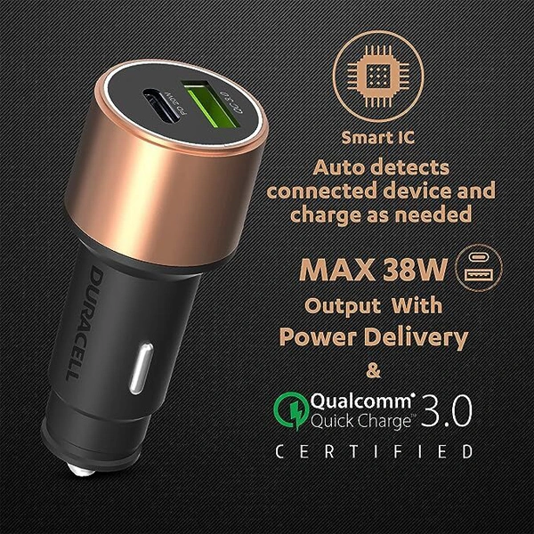Duracell 38W Fast Car Charger Adapter with Dual Output - Black