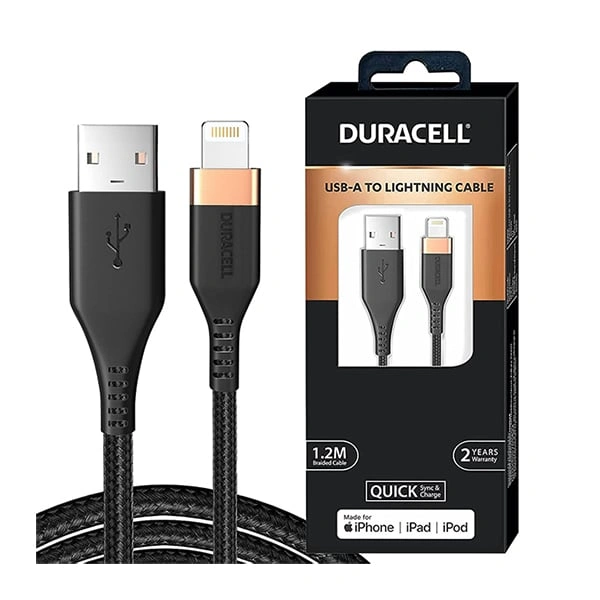 Duracell USB Lightning Apple Certified (MFI) Braided Sync & Charge Cable - Black