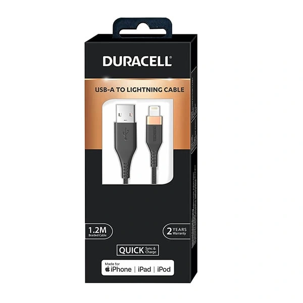 Duracell USB Lightning Apple Certified (MFI) Braided Sync & Charge Cable - Black