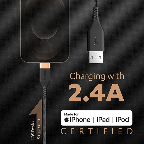 Duracell USB Lightning Apple Certified (MFI) Braided Sync & Charge Cable - Black