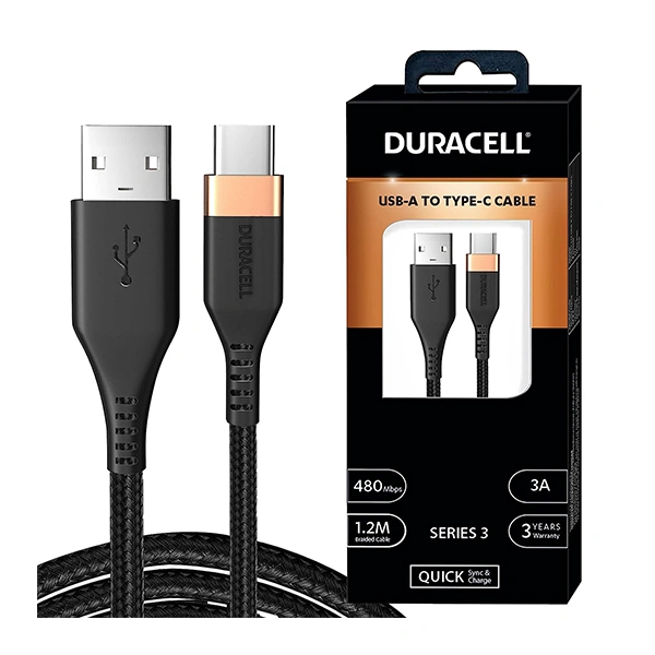 Duracell USB Type C 3A Braided Sync & Fast Charging Cable - Black
