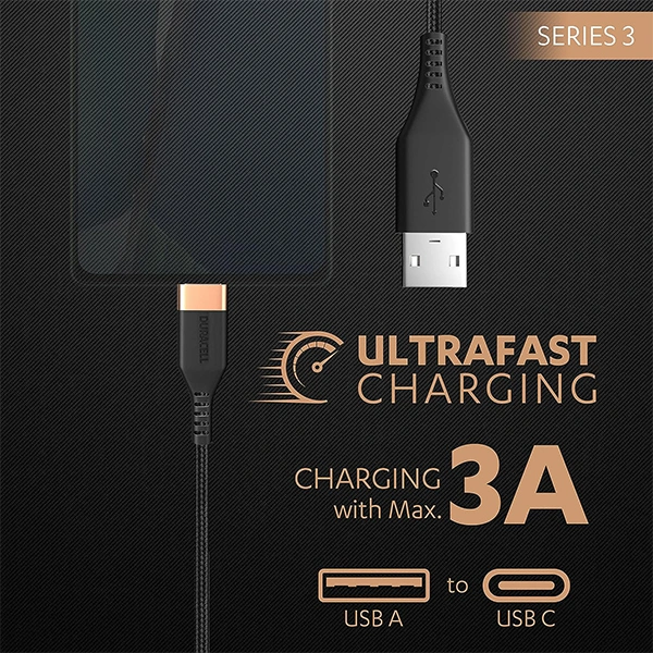 Duracell USB Type C 3A Braided Sync & Fast Charging Cable - Black