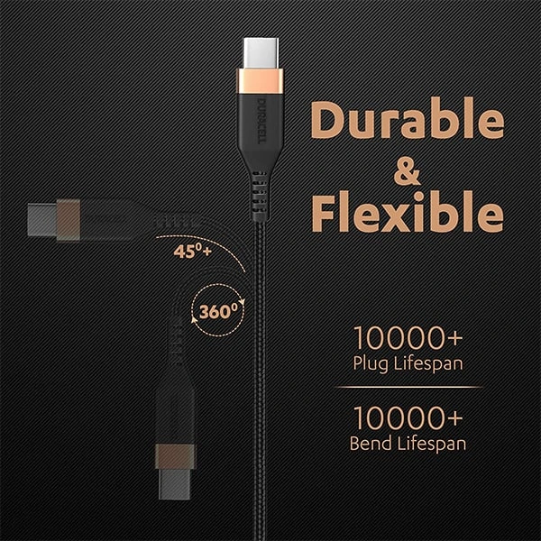 Duracell USB Type C To Type C 5A (100W) Braided Sync & Fast Charging Cable - Black