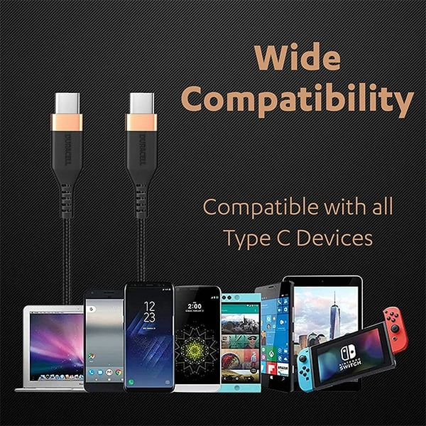Duracell USB Type C To Type C 5A (100W) Braided Sync & Fast Charging Cable - Black