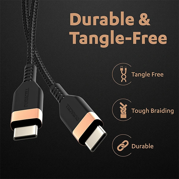 Duracell USB Type C To Type C 5A (100W) Braided Sync & Fast Charging Cable - Black