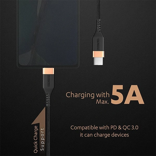Duracell USB Type C To Type C 5A (100W) Braided Sync & Fast Charging Cable - Black