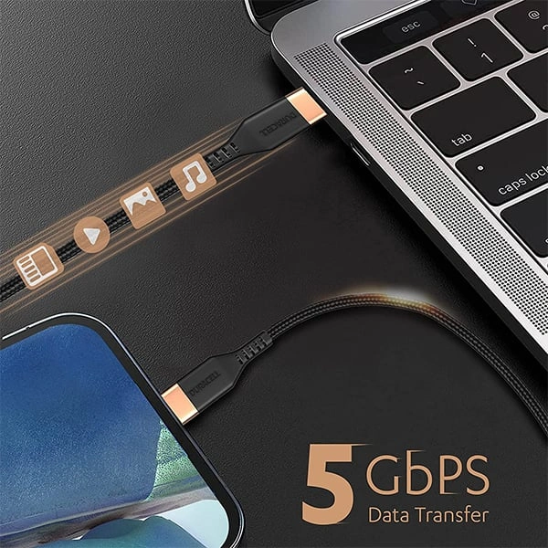 Duracell USB Type C To Type C 5A (100W) Braided Sync & Fast Charging Cable - Black