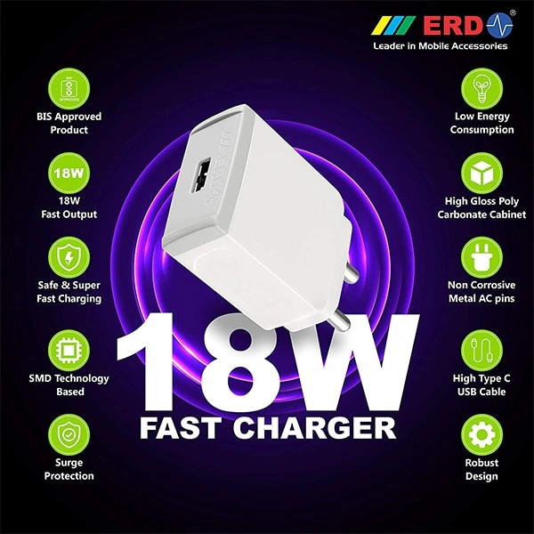 ERD TC-45 18W 3 Amp USB Dock Mobile Phone Wall Charger with 1 Meter Long Type C USB Cable