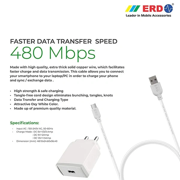 ERD TC-45 18W 3 Amp USB Dock Mobile Phone Wall Charger with 1 Meter Long Type C USB Cable