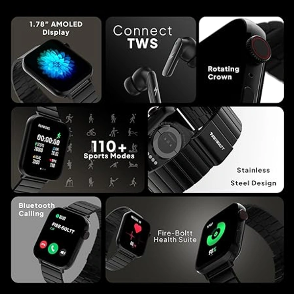 Fire-Boltt Visionary Ultra 1.78" AMOLED, Stainless Steel Luxury Smart Watch - Black - Black