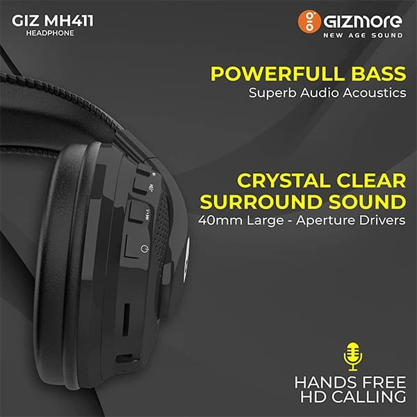 Gizmore GIZMORE GIZMH411 Hi-Bass Wireless Headphones - Black - Black