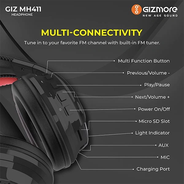 Gizmore GIZMORE GIZMH411 Hi-Bass Wireless Headphones - Black - Black