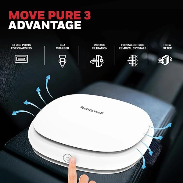 Honeywell Move Pure 3 Car Air Purifier With Hepa Filter & Ionizer