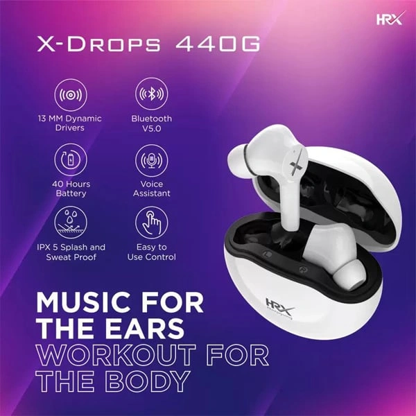 Hrx HRX X-Drops 440G Wireless Earbuds - White - White