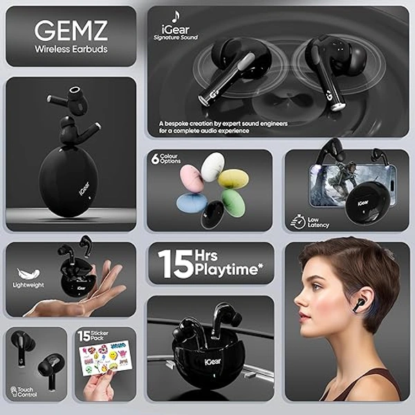 iGear IGear Gemz Wireless Earbuds with Mic - Black - Black