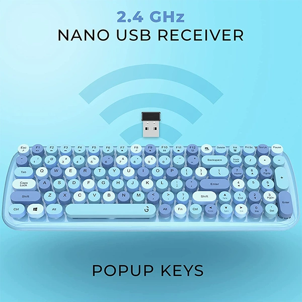 iGear KeyBee Retro Typewriter Inspired 2.4GHz Wireless Keyboard and Mouse Combo With USB Support - Blue - Blue
