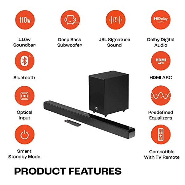 JBL Cinema SB241 2.1 Channel Dolby Digital Soundbar with Wired Subwoofer Home Theatre - Black