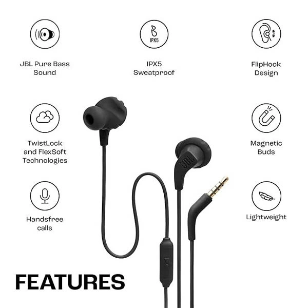JBL Endurance Run 2 Sports In Ear Wired Earphones with Mic - Blue - Blue